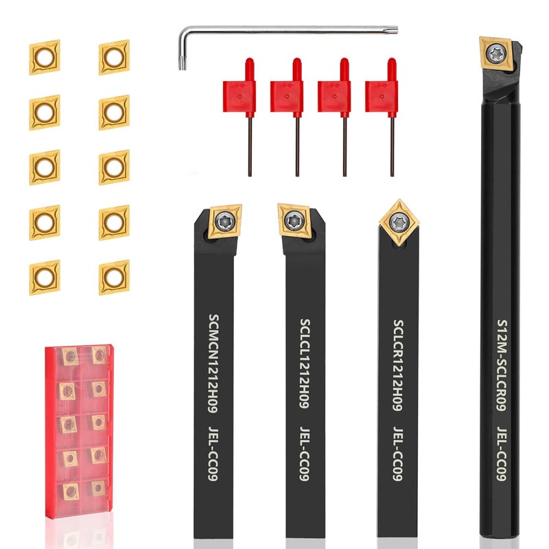 Joogto Indexable Lathe Turning Tool 1/2" 12mm Shank 14PCS Kit, 4PCS Metal Lathe Tools Holder 10PCS CCMT09T304 Carbide Insert for Turning Boring Grooving, SCMCN1212H09/SCLCL1212H09/SCLCR1212H09/S12M-SCLCR09 - Image 1
